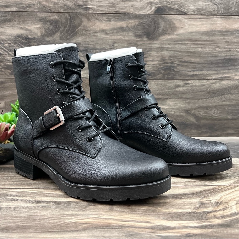 NIB Soul Naturalizer Quartz Black Leather Lace Up Zip Ankle Combat Boots 8M - Picture 5 of 12
